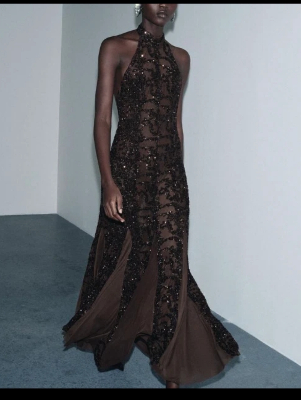 NWT Zara Brown Beaded Halter Maxi Dress